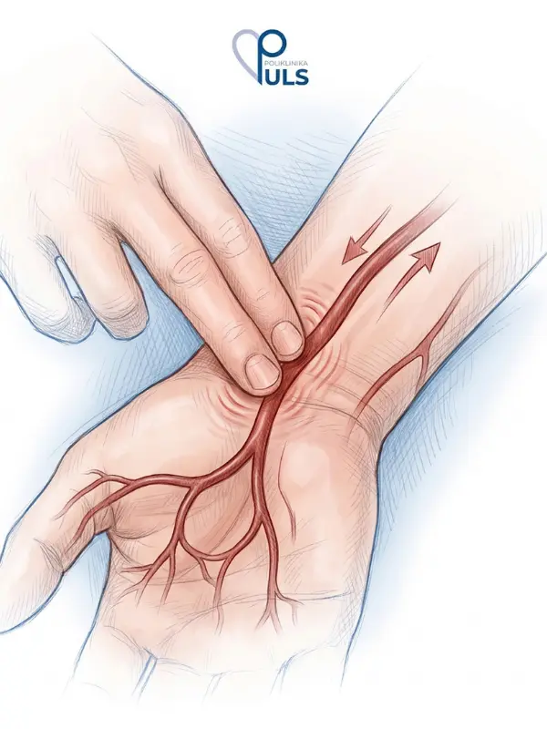 Medicinska ilustracija pravilnog postavljanja prstiju na radijalnu arteriju ručnog zgloba pri mjerenju pulsa